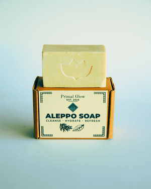 Primal Glow Aleppo zeep met 40% laurierolie in kartonnen verpakking