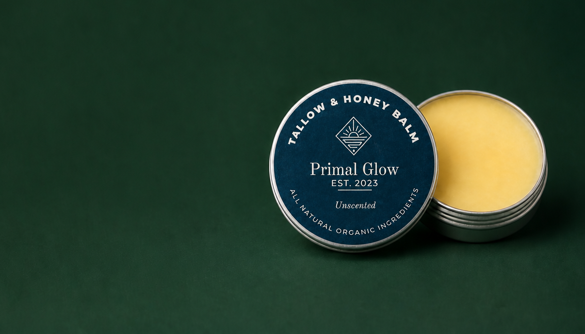 Banner van de Primal Glow tallow en honing hydraterende balsem.