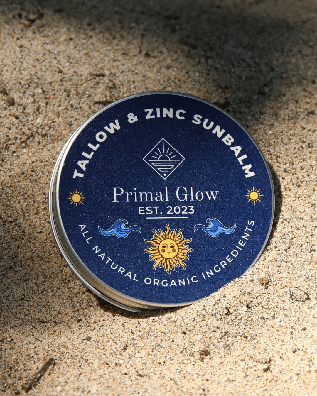 Primal Glow tallow en zink minerale zonnebalsem SPF 50 in verpakking.