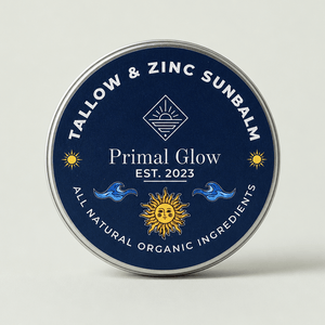 Primal Glow minerale tallow en zink zonnebalsem SPF 50 in verpakking.